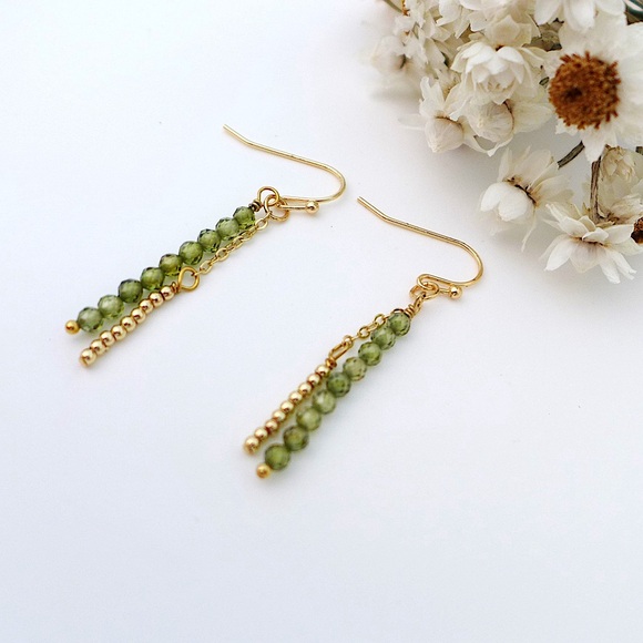 Olive Green Zircon Beads 14K Gold Filled beads Earrings| Minimalist Earrings - Picture 3 of 6